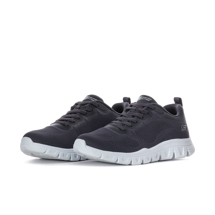 Dark navy knit lace-up sneakers, side view with white sole and tread