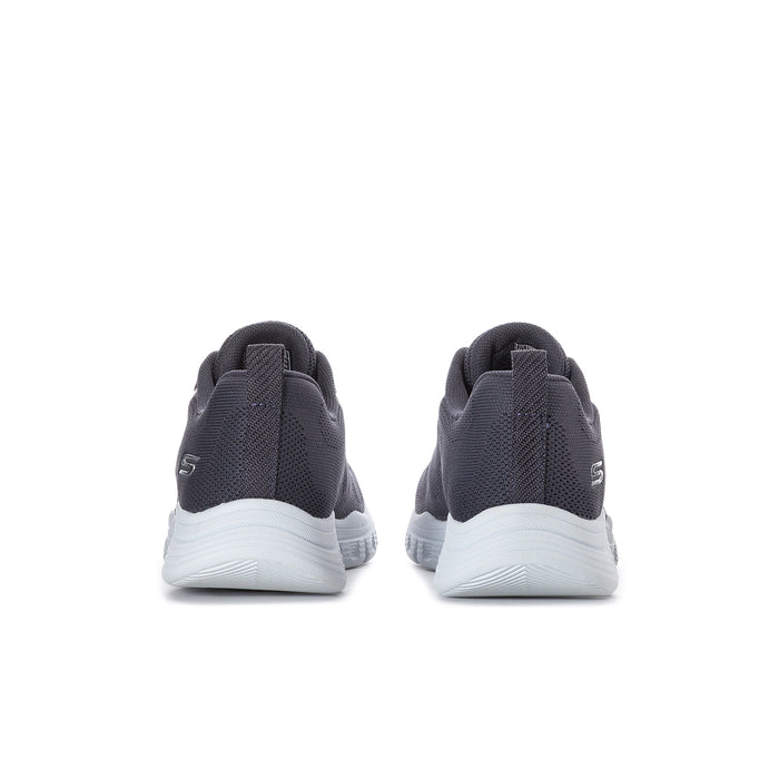 Dark navy knit sneakers, heel and back view with white midsole