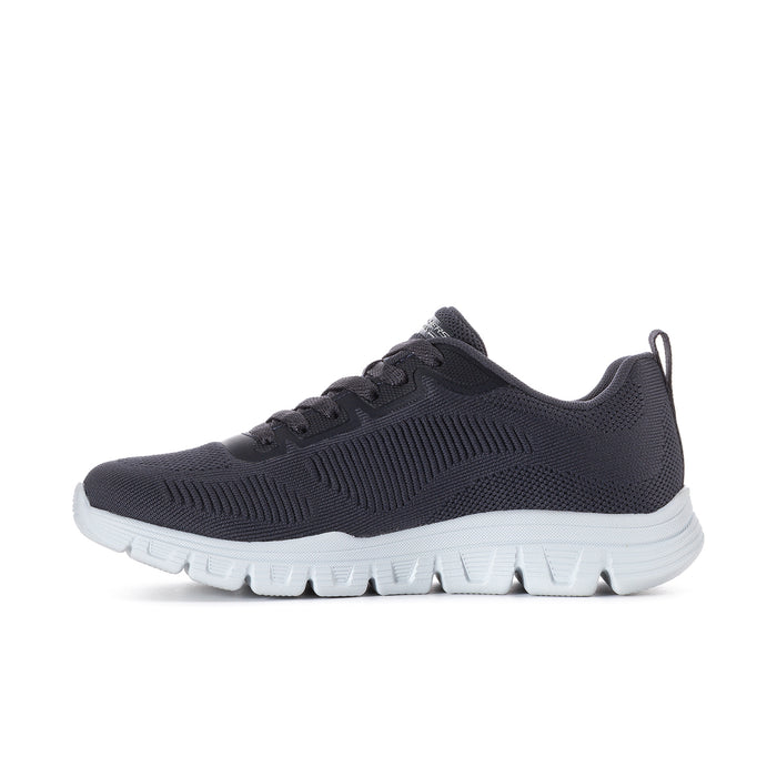 Dark navy lace-up athletic sneaker with textured knit upper and white sole
