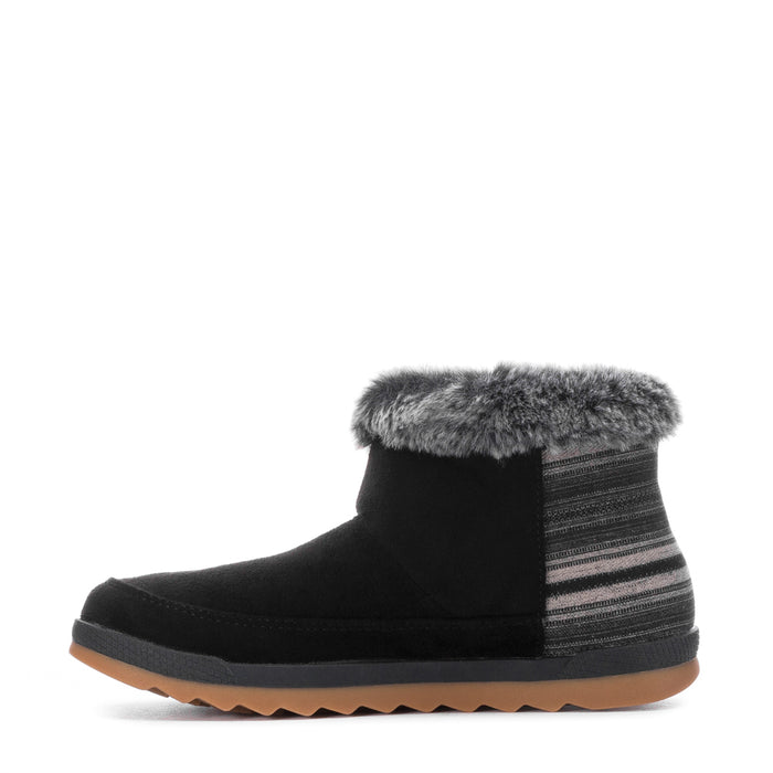 Black women's winter boots with gray faux-fur cuff and striped knit side panels