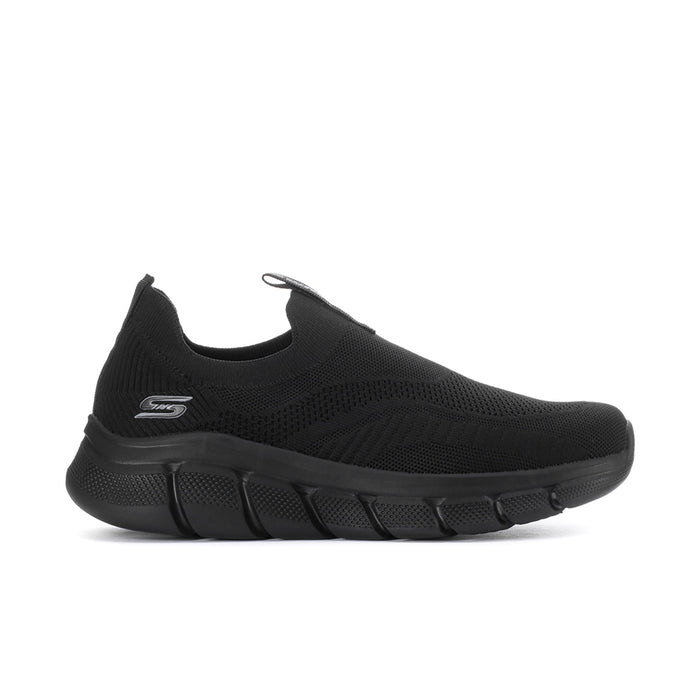 Men's black slip-on knit sneaker with cushioned sole and textured tread