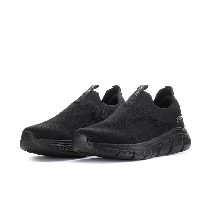 Men's black slip-on sneaker, side view, breathable knit upper and grippy outsole