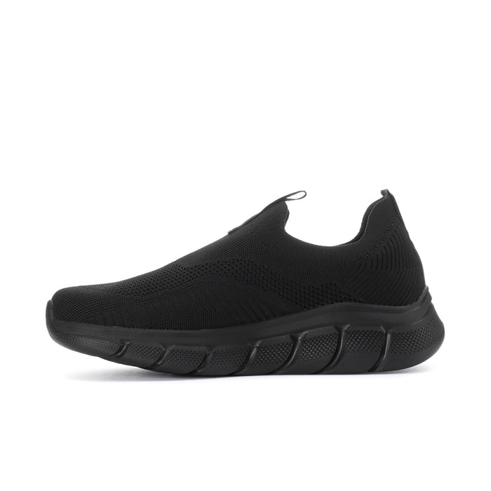 Men's black slip-on sneaker with knit upper and rocker-style outsole tread