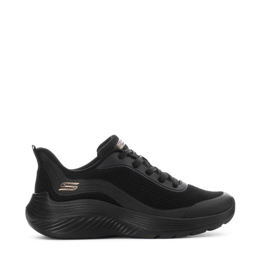 Black womens athletic sneaker with lace-up front and cushioned chunky sole