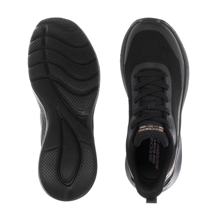 Black athletic sneaker outsole and heel with tread pattern and lace-up opening