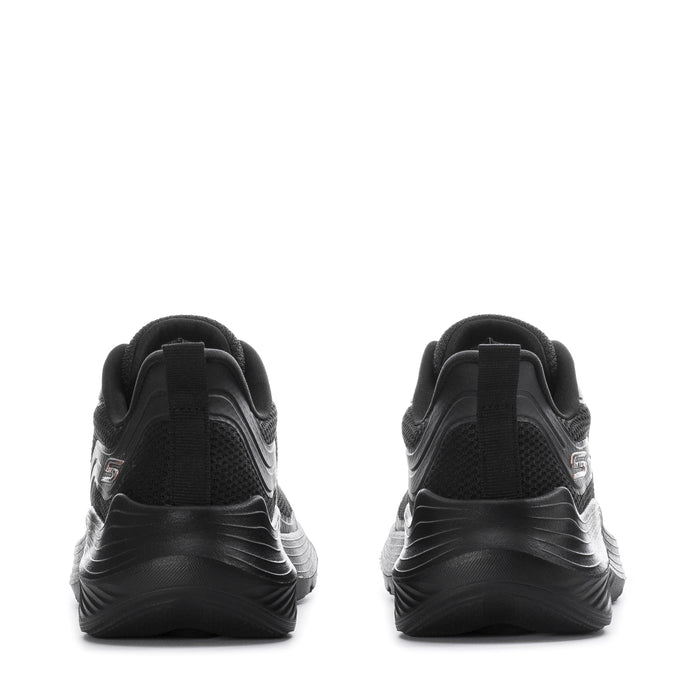 Black athletic sneakers rear view with heel pull tab and cushioned midsole