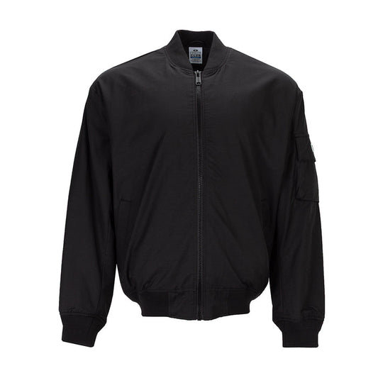 Men's black bomber jacket with front zipper and ribbed cuffs