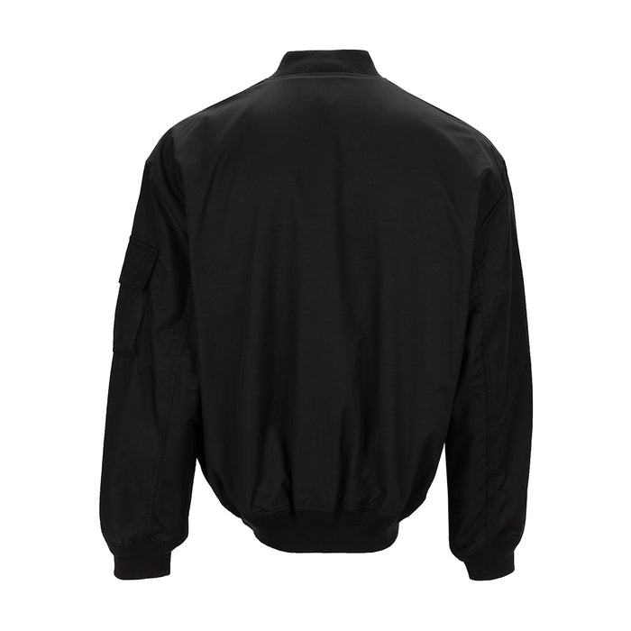 Men's black bomber jacket back view with ribbed collar and cuffs