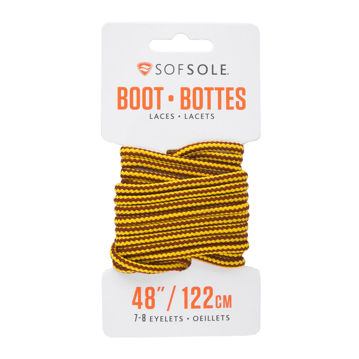 SOFSOLE 48-inch boot laces, gold and brown striped, 7–8 eyelets, coiled on card
