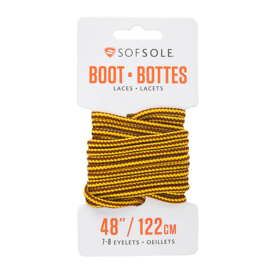 SOFSOLE 48-inch boot laces, gold and brown striped, 7–8 eyelets, coiled on card