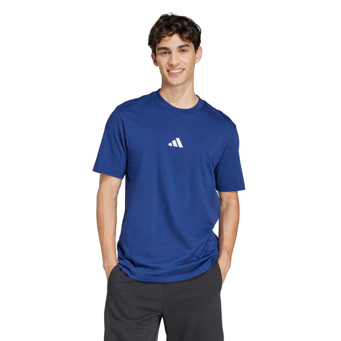 Men's dark blue crew-neck T-shirt with white adidas logo, short sleeves