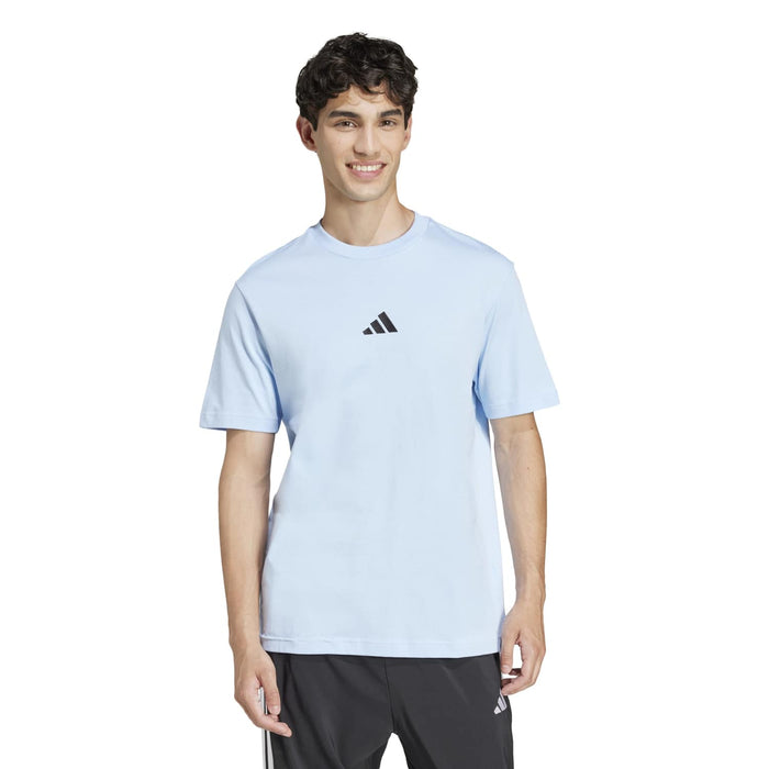 Light blue men's t-shirt with small adidas logo, crew neck and short sleeves