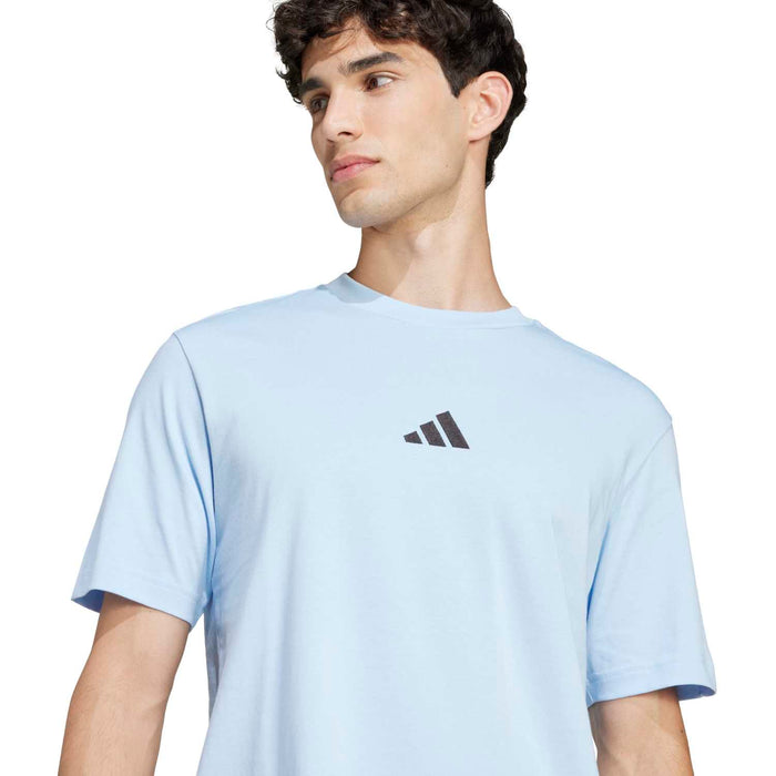 Light blue men's t-shirt with small adidas logo at center chest