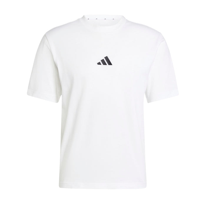 Men's white t-shirt with small black BOS logo on left chest