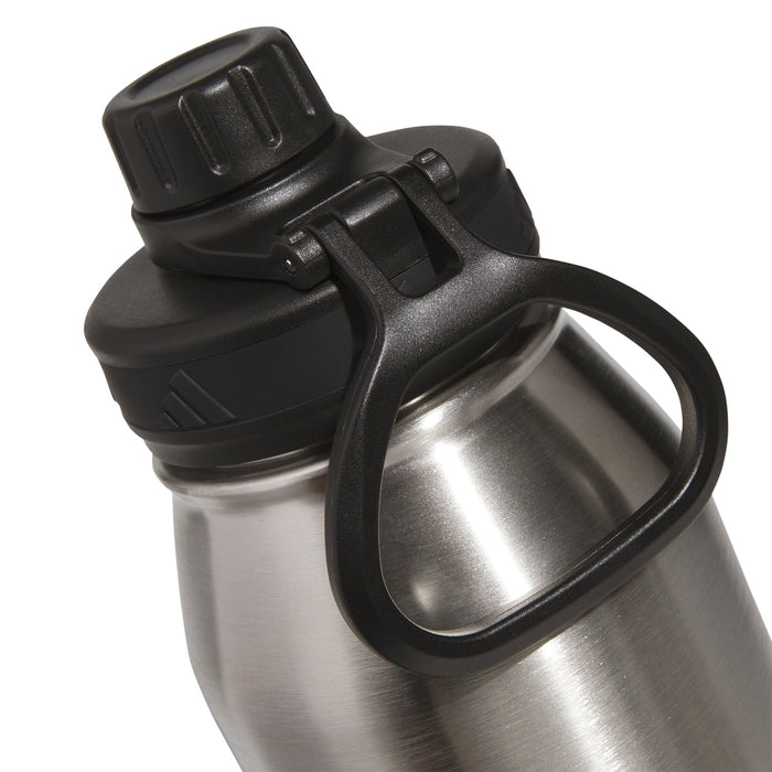 Stainless steel 1L bottle with black lid opened and loop carry handle, side view