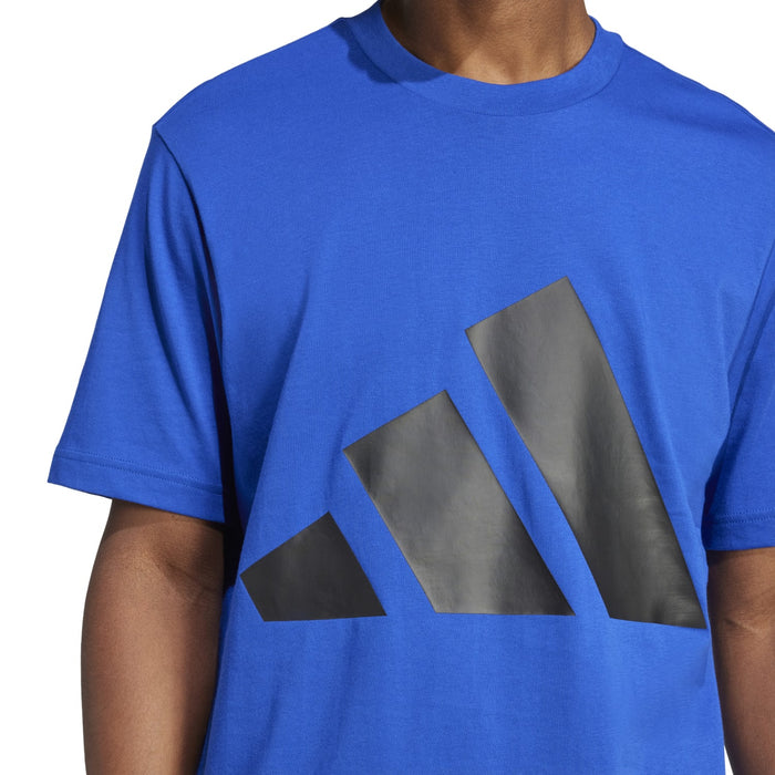Men's Team Royal Blue T-shirt close-up of black and gray logo print across chest