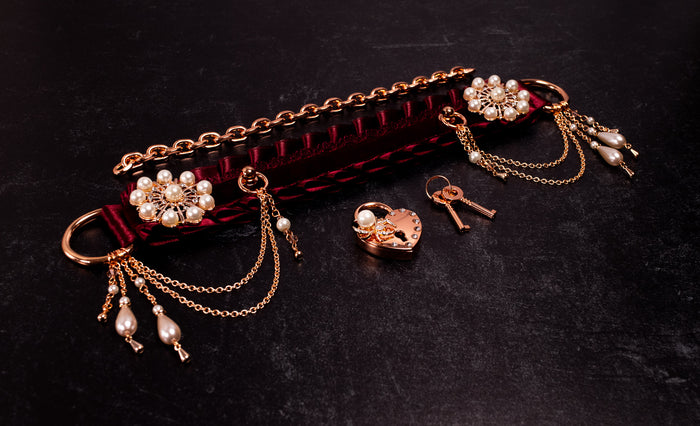 "Bound in Gossamer" - 13" - Rose Gold & Burgundy Velvet Luxury Locking Martingale Collar