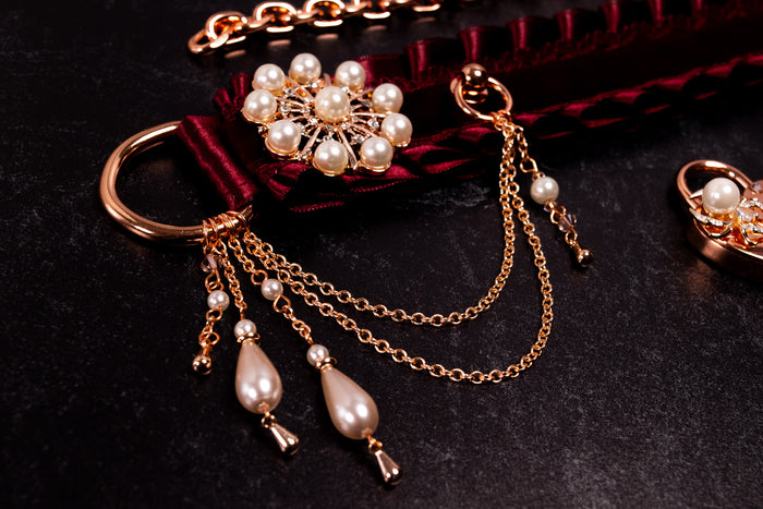"Bound in Gossamer" - 13" - Rose Gold & Burgundy Velvet Luxury Locking Martingale Collar