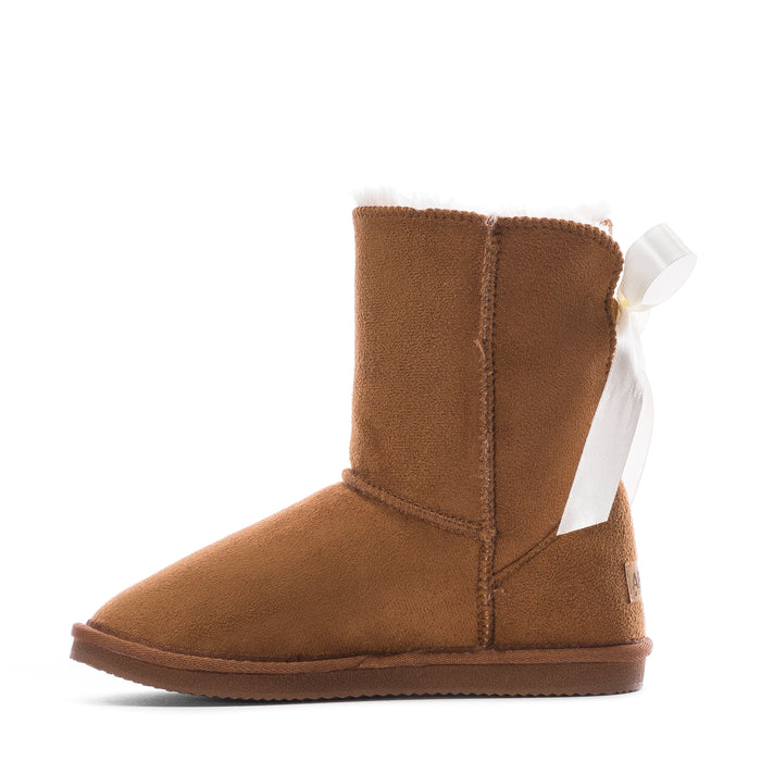 Kids chestnut suede ankle boot with central back seam and white bow ribbon, rubber sole