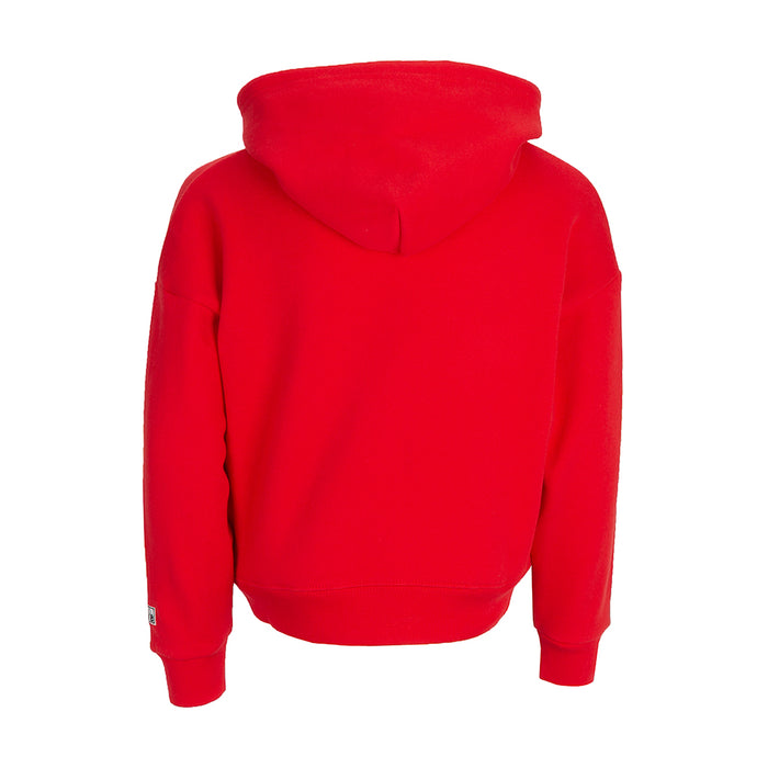 Youth red hoodie with hood and kangaroo pocket, back view
