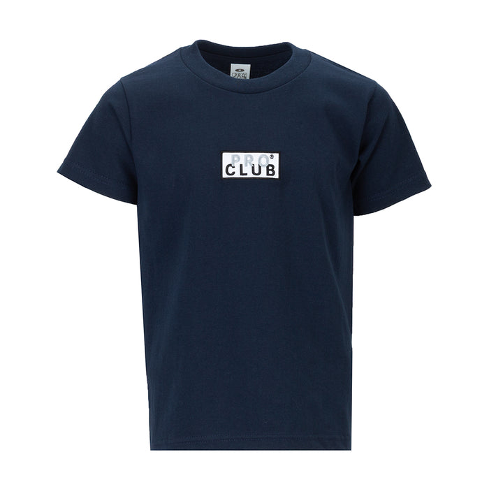 Youth navy box logo T-shirt with small square chest graphic