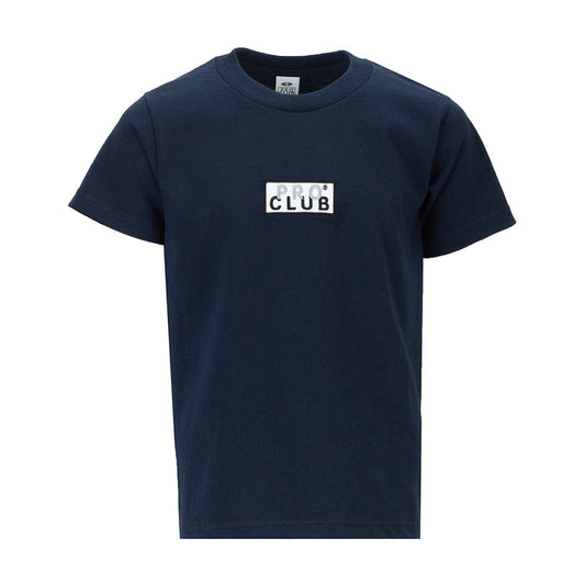 Youth navy box logo T-shirt with small square chest graphic