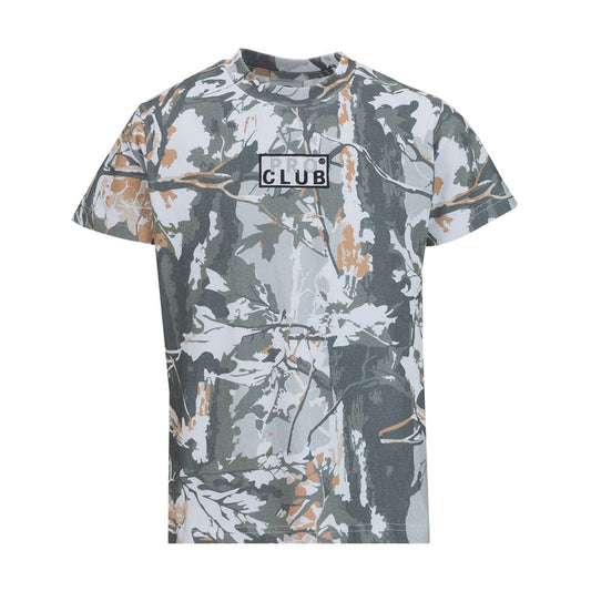 Youth camouflage T-shirt with front box logo print, crew neck and short sleeves