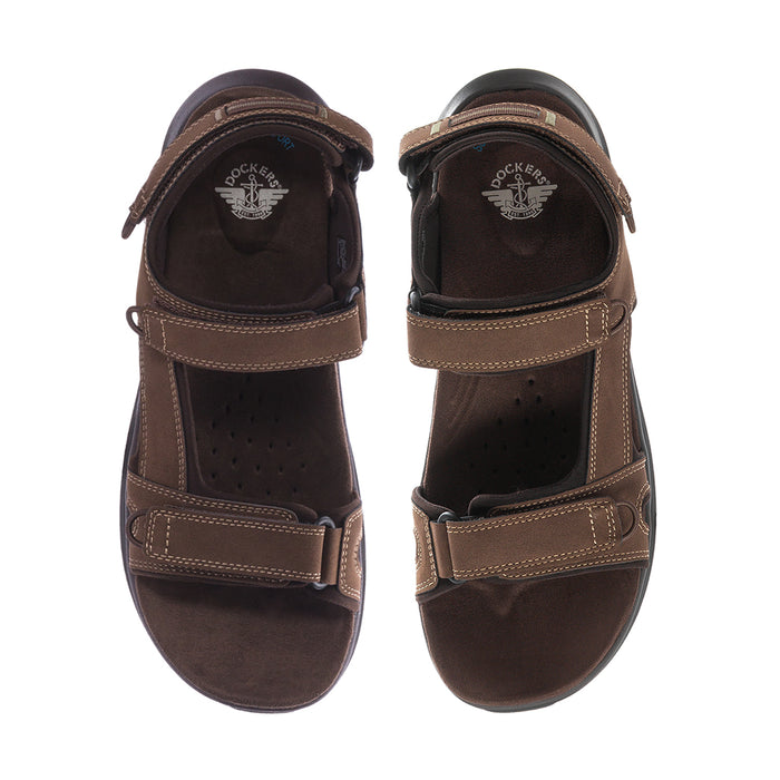Pair of dark tan men's sandals, top view, showing padded straps and cushioned footbed