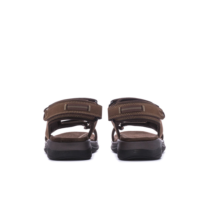 Men's dark tan sport sandals rear view with adjustable heel strap and thick sole