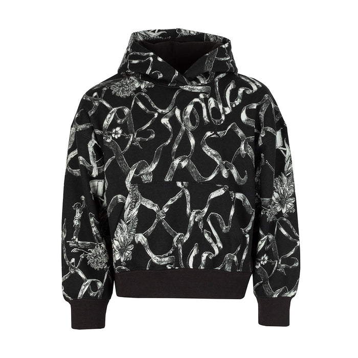 Youth pullover fleece hoodie with dark base and white abstract all-over print, hood up