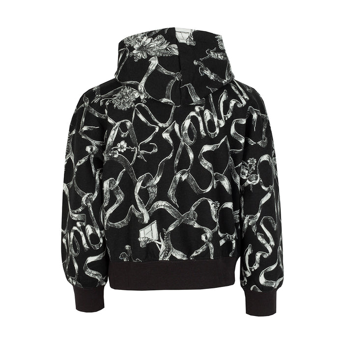 Youth pullover fleece hoodie with dark base and white abstract all-over print, back view