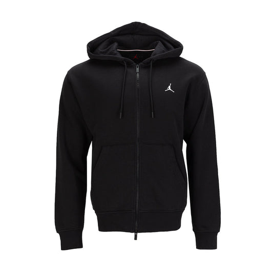 Black full-zip fleece hoodie with hood and drawstrings, front zip, Jordan logo.