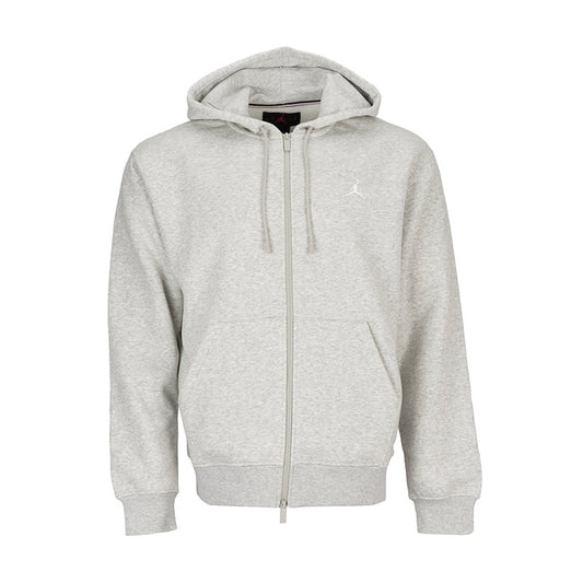 Men's heather grey full-zip fleece hoodie with hood and drawstrings