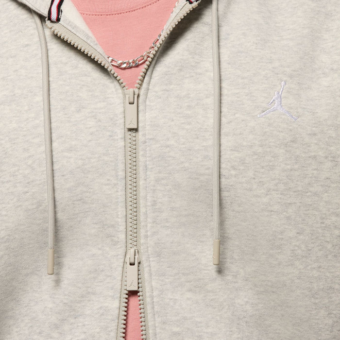 Men's heather grey full-zip hoodie with metal zipper, hood trim, and drawstrings