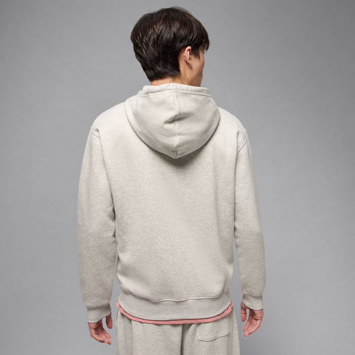 Men's heather grey full-zip fleece hoodie back view with hood