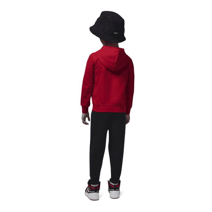 Toddler red hoodie and black joggers set, back view with hood and white Jordan logo