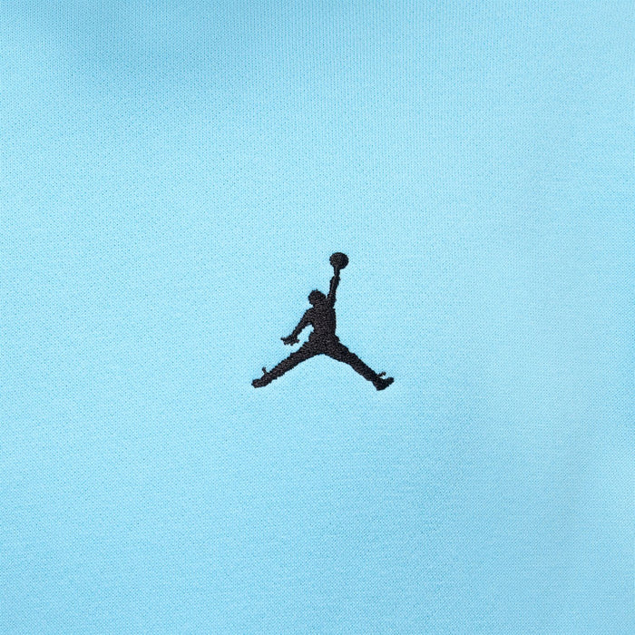 Black Jordan logo on light blue hoodie fabric