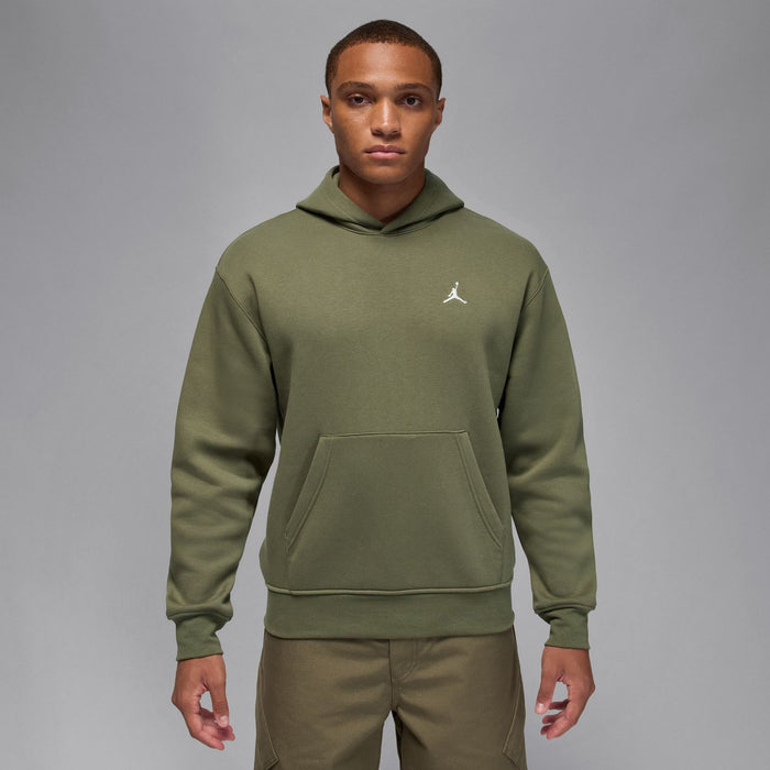 Men's medium olive fleece pullover hoodie with hood, Jordan logo, and kangaroo pocket