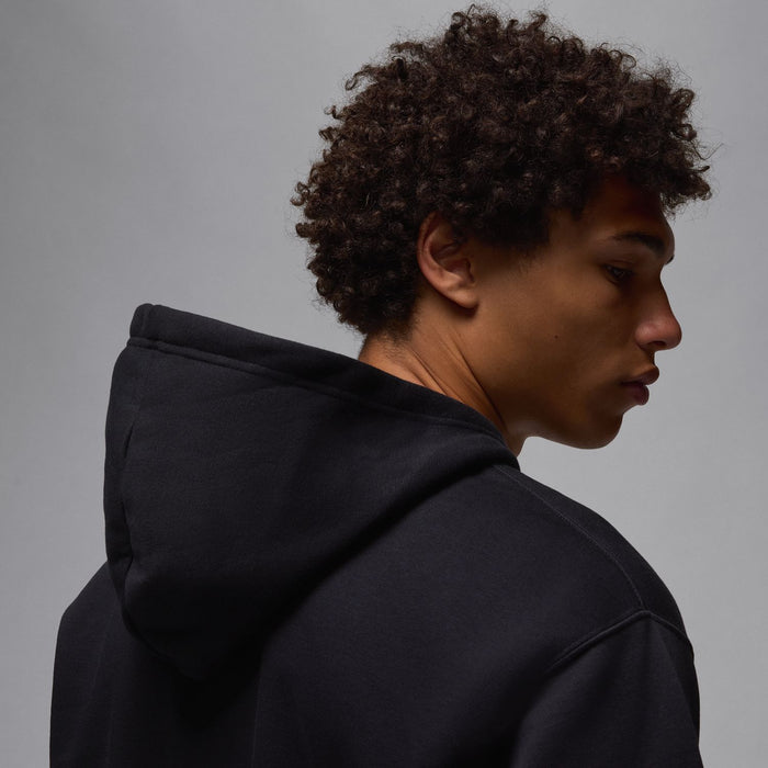 Men's black fleece pullover hoodie back view with hood