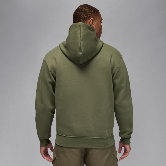 Men's medium olive fleece pullover hoodie back view with hood and hem band
