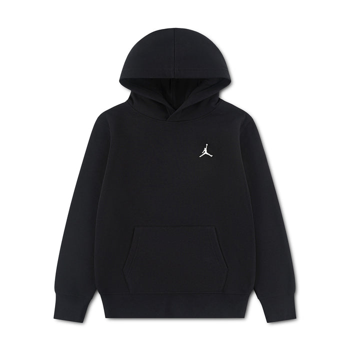 Youth black fleece pullover hoodie with hood, kangaroo pocket, and Jumpman logo.