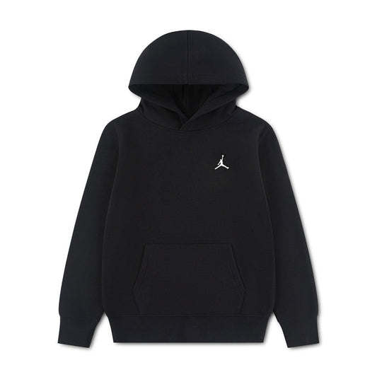 Youth black fleece pullover hoodie with hood, kangaroo pocket, and Jumpman logo.
