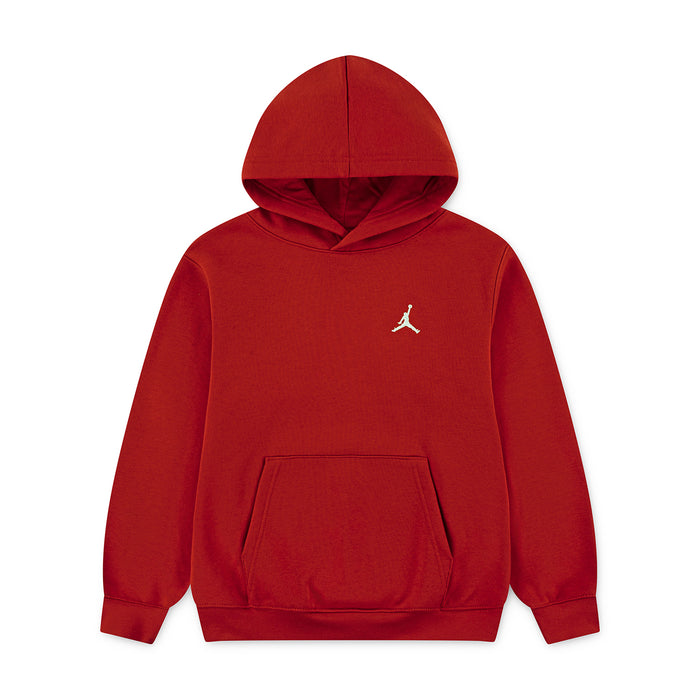 Red youth fleece pullover hoodie with hood, kangaroo pocket, and white Jumpman logo