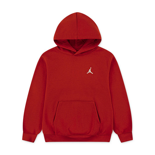 Red youth fleece pullover hoodie with hood, kangaroo pocket, and white Jumpman logo