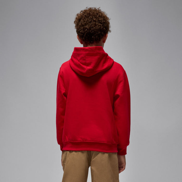 Red youth pullover hoodie with hood and kangaroo pocket, logo not shown on back