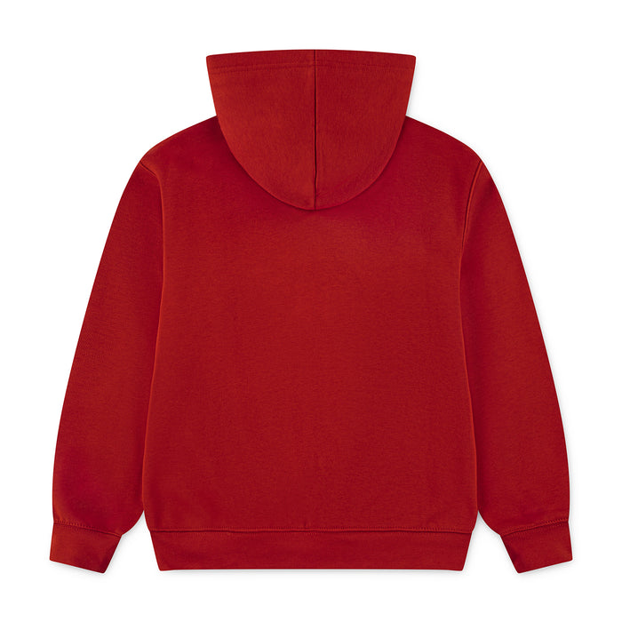 Red youth pullover hoodie with hood and kangaroo pocket, plain back view