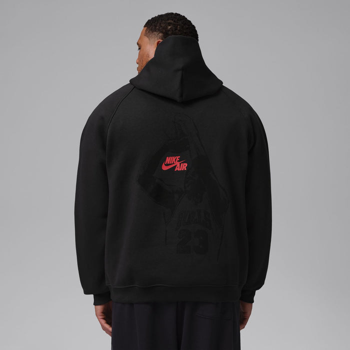 Men's black hoodie back view with Nike Air logo patch near upper back