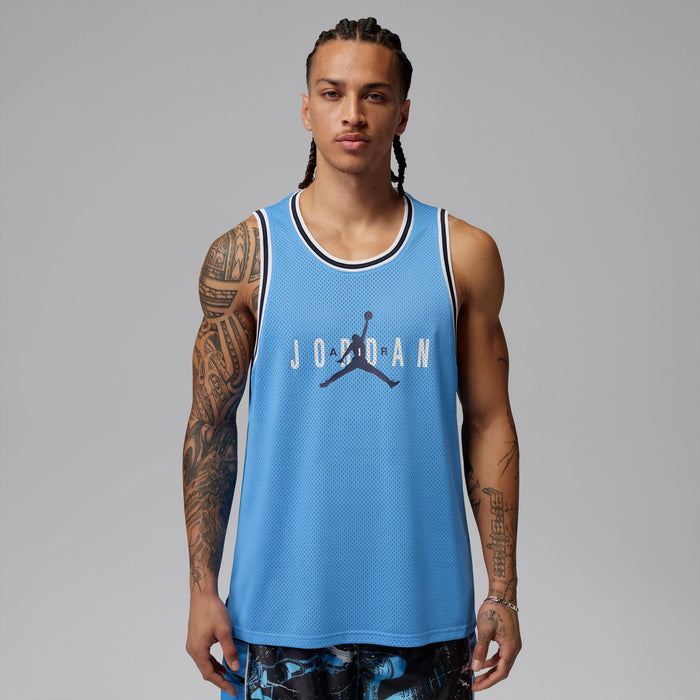 Light blue sleeveless mesh basketball jersey with Jumpman Jordan logo, crew neckline