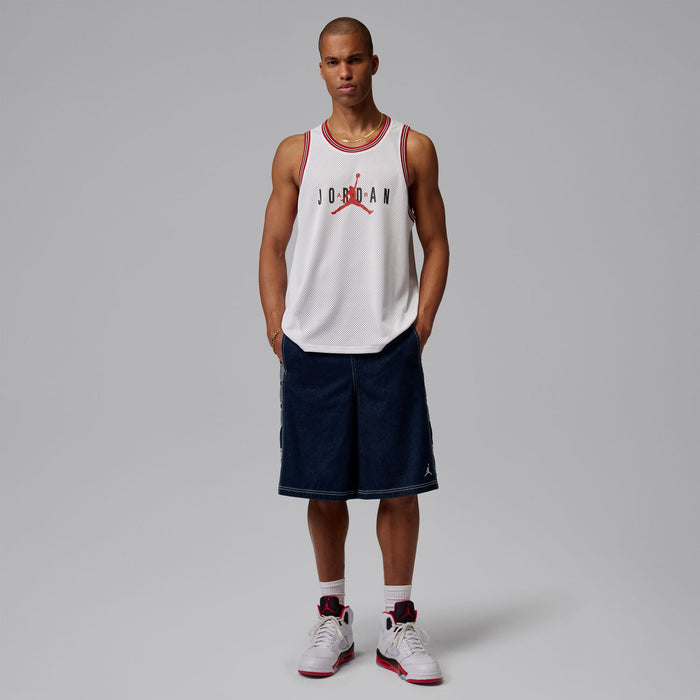 Men's white mesh basketball jersey with red trim and Jordan logo, front view