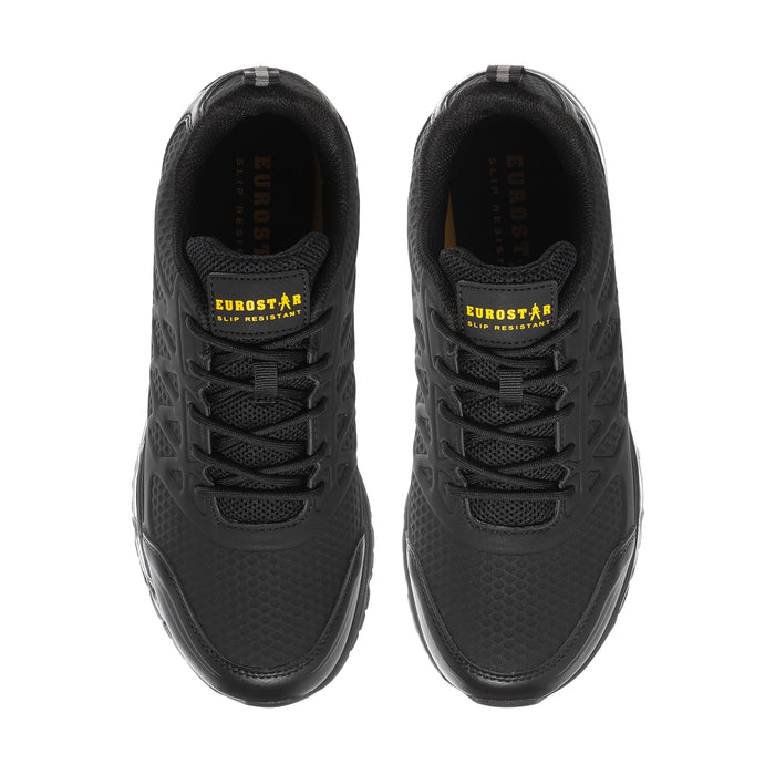 Black slip-resistant men's shoes, lace-up with cushioned tongue and Eurostar logo